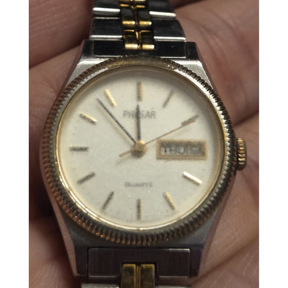 Vintage Pulsar Quartz Watch Sears Two Tone Bracelet Day Date Not Running 70s-80s